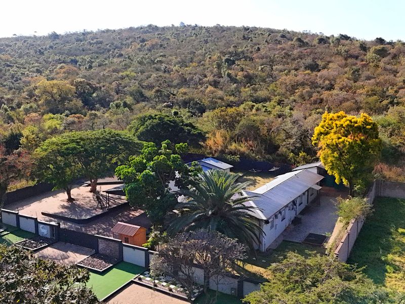 Aerial view of the guest house property featuring a metal-roofed building, paved driveway, and extensive landscaped grounds surrounded by natural bushveld.
