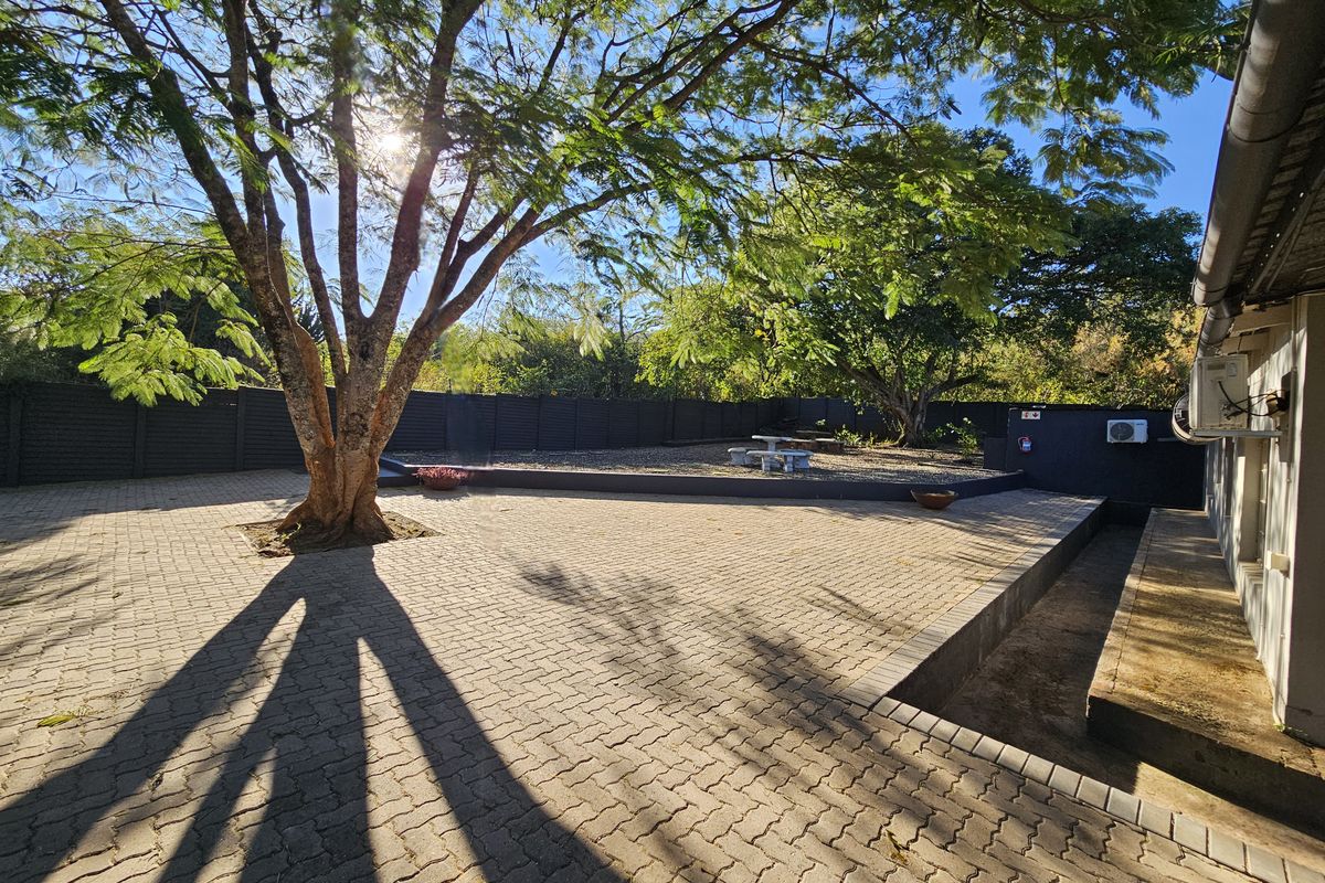 Spacious paved rear courtyard area featuring mature trees, perimeter fencing, and a retaining wall, providing a functional outdoor space for the guest house.