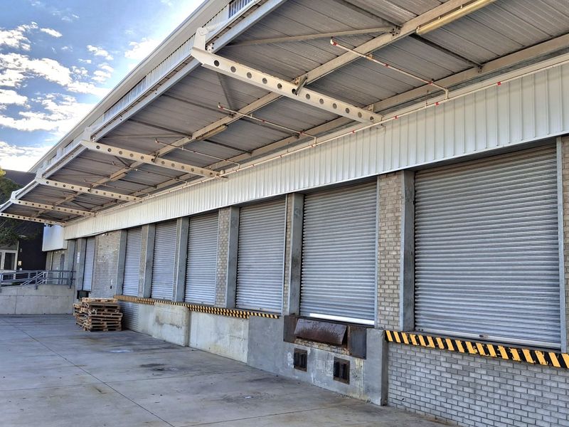 Industrial loading bay area featuring multiple roller shutter doors, a protective metal canopy, and a concrete loading apron.