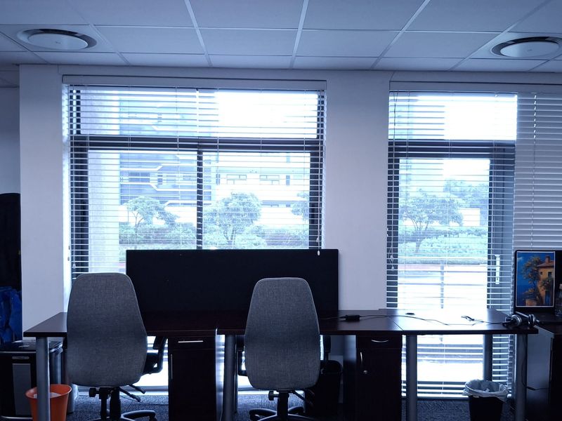 A functional office space featuring large windows with venetian blinds, suspended ceiling with recessed lighting, and carpeted flooring.