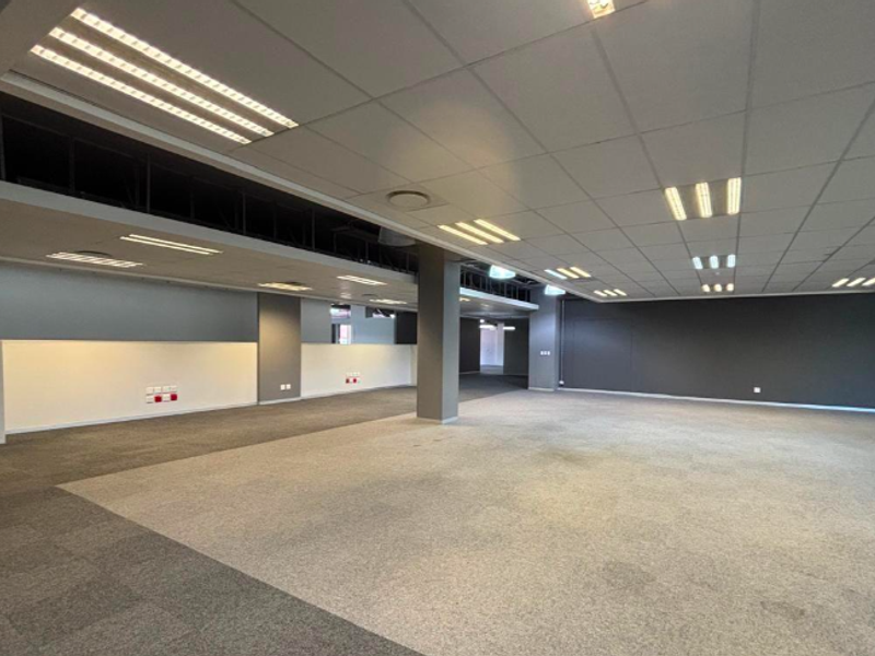 A spacious, open-plan office area featuring carpeted flooring, suspended ceilings with recessed lighting, and neutral wall finishes, ready for custom fit-out.