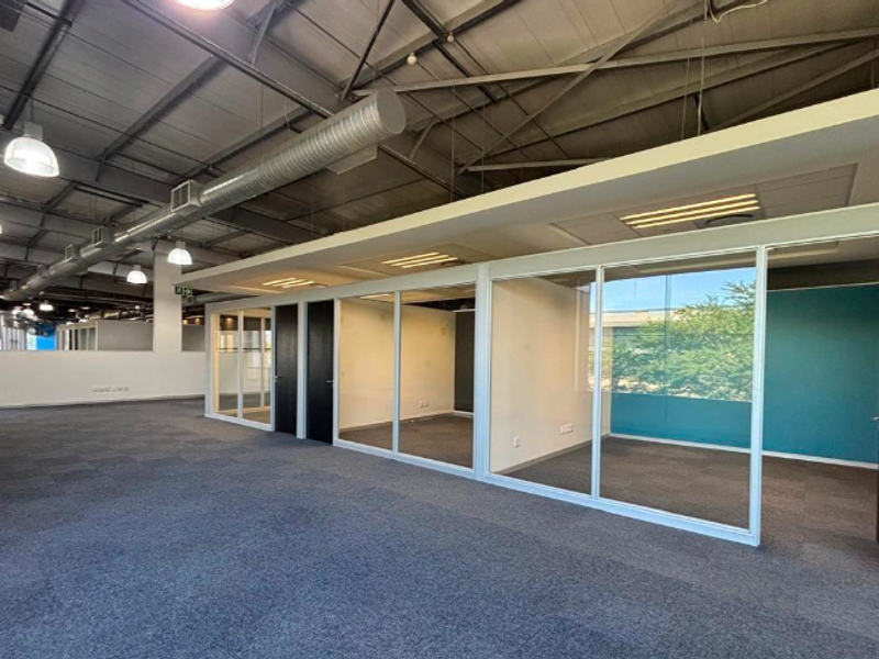 Modern open-plan office space featuring glass-partitioned private offices, exposed industrial ceilings, carpeted flooring, and professional lighting throughout.