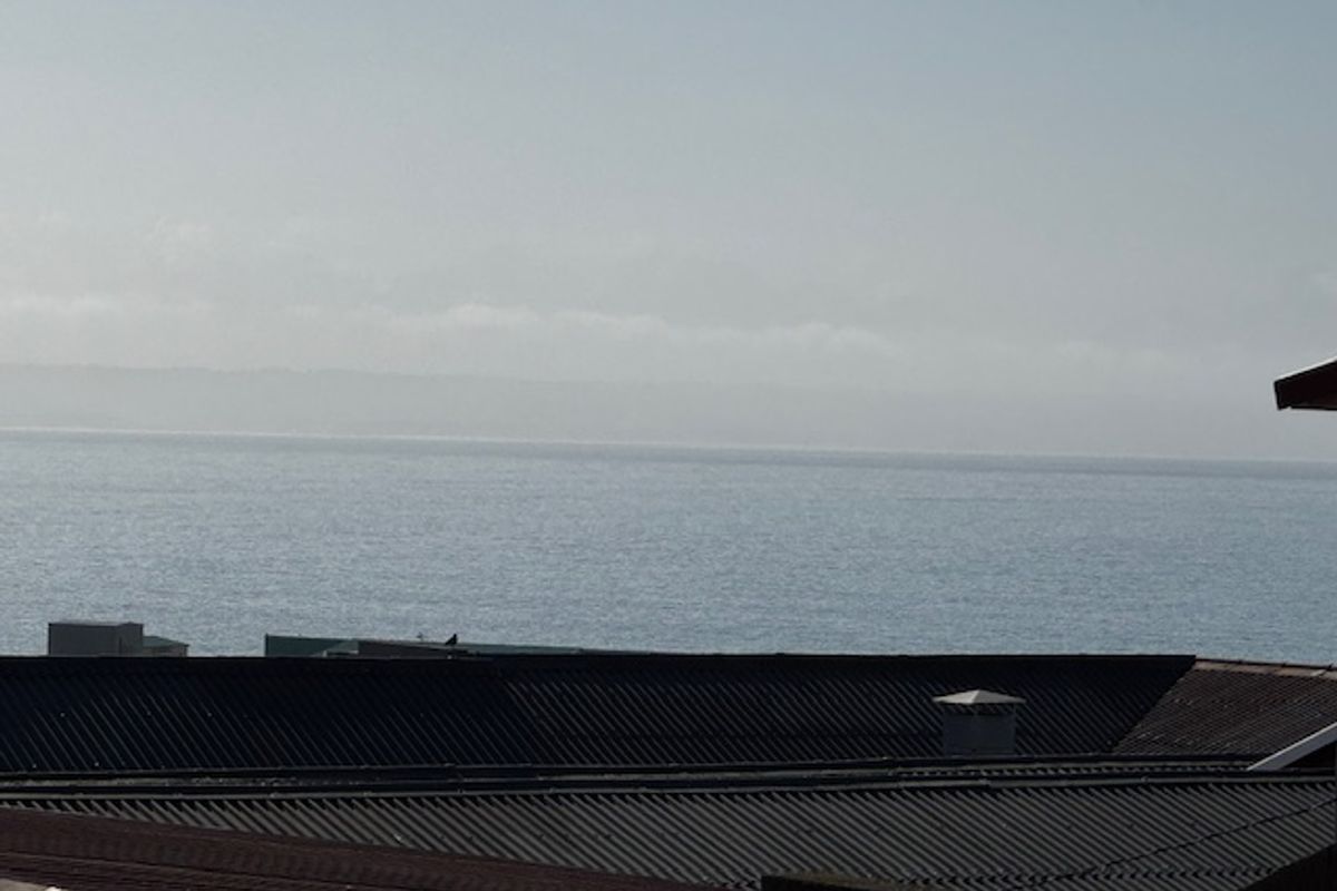 An elevated view overlooking the ocean and surrounding rooftops.