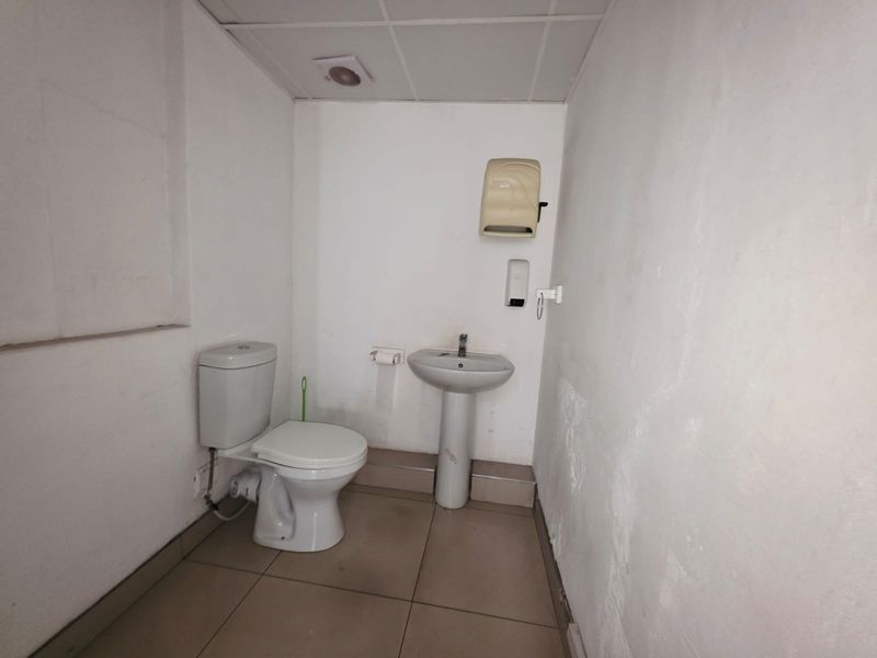 A functional commercial bathroom featuring a pedestal basin, toilet, tiled flooring, and a suspended ceiling, currently requiring cosmetic wall repairs.
