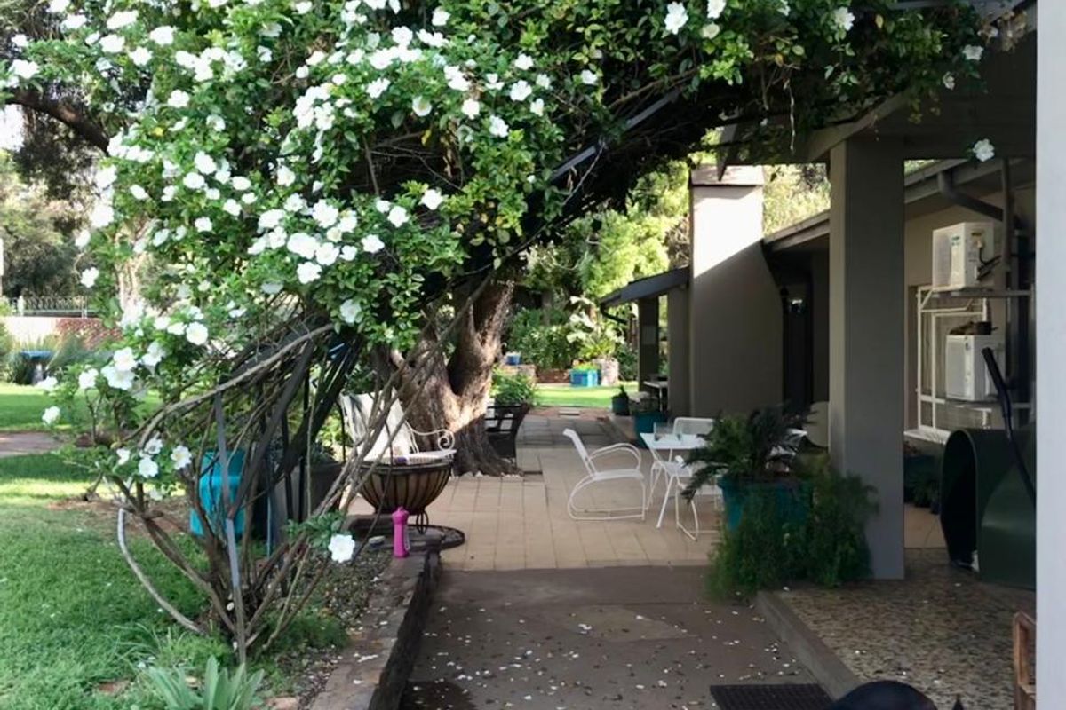 A covered patio area featuring paved flooring, a stone retaining wall, and established flowering greenery, providing a shaded outdoor space.