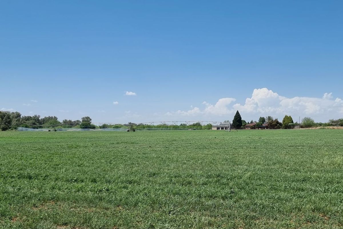 Expansive agricultural field featuring an active irrigation system, suitable for small holding farming or grazing purposes.