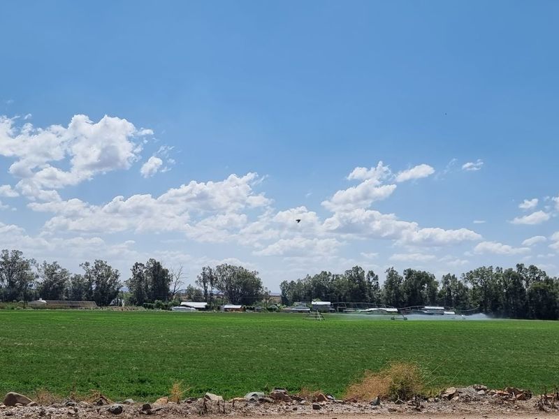 A wide-angle view of the expansive green pasture on the small holding, featuring active irrigation systems and mature tree lines in the distance.