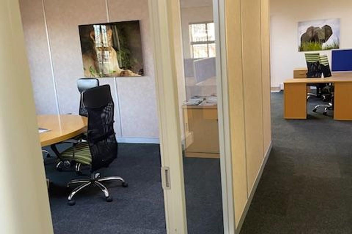A view into a partitioned office space featuring modular wall panels, suspended ceiling tiles, and dark carpeting.