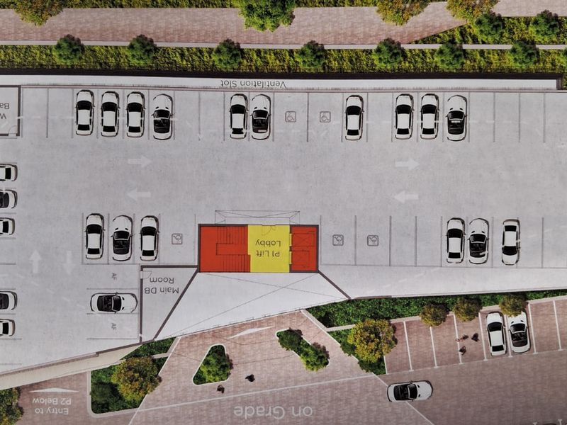 A detailed floor plan showing the layout of the office parking area, including designated parking bays, lift lobby access, and utility areas.