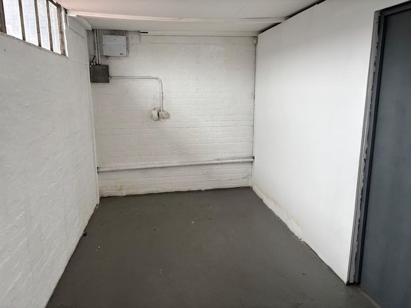 A functional, empty utility space featuring painted brick walls, exposed electrical infrastructure, and a durable painted concrete floor.