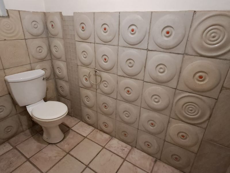 A functional bathroom featuring a standard toilet, distinctive textured wall tiling, and tiled flooring.
