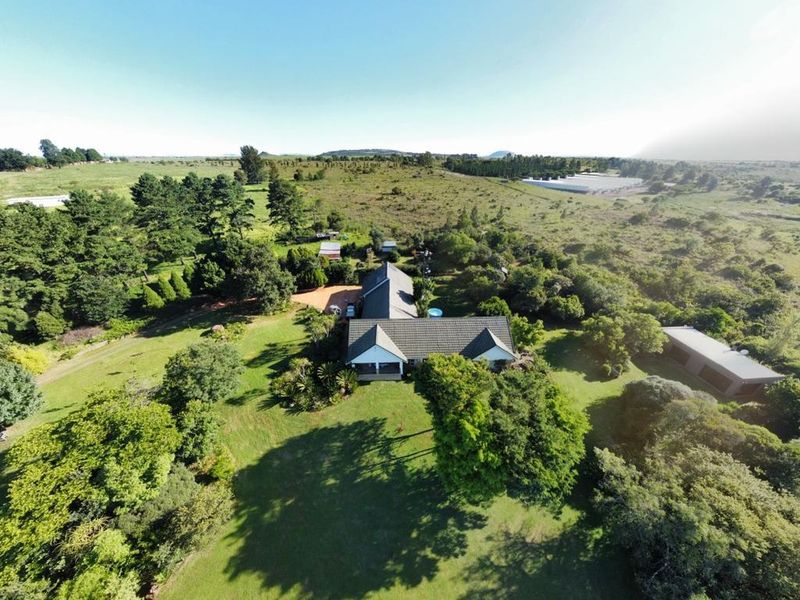 Aerial view of a farm property featuring a main residence with a tiled roof, swimming pool, outbuildings, and expansive surrounding grounds.