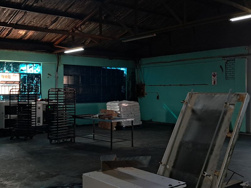 Spacious industrial utility area featuring exposed timber roof trusses, concrete flooring, and large steel-framed windows, suitable for manufacturing or storage operations.