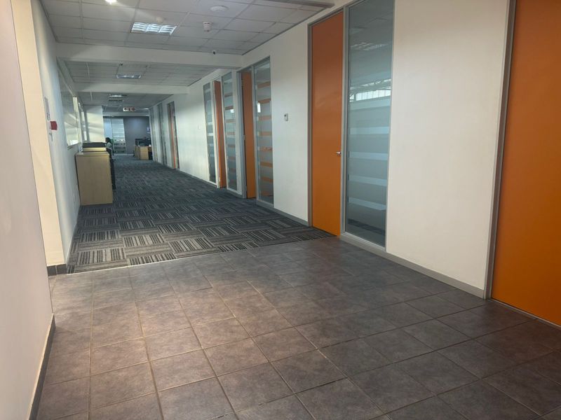 A spacious industrial office hallway featuring a mix of ceramic tile and carpet flooring, with multiple glass-paneled office doors and a suspended ceiling.