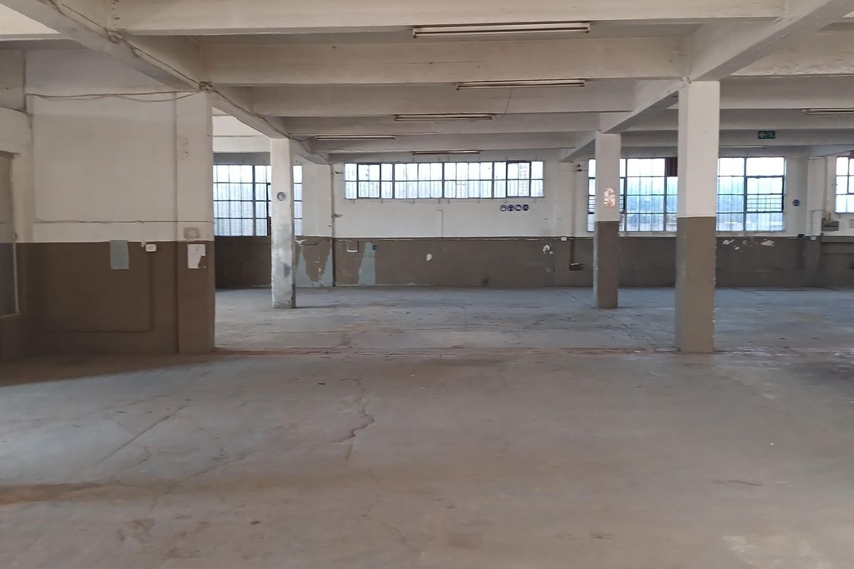 A large, open-plan industrial utility space featuring exposed concrete beams, support columns, and expansive steel-framed windows providing ample natural light.