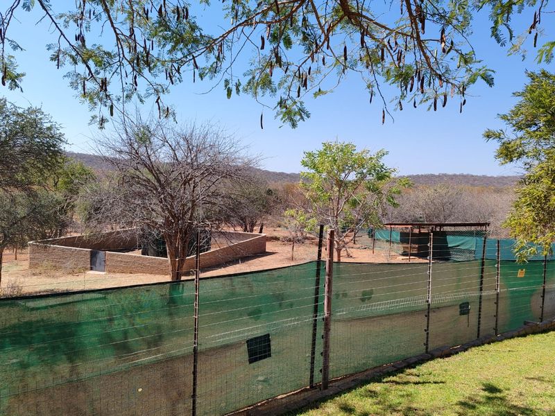 A view of the farm grounds featuring fenced enclosures, brick structures, and natural landscape under a clear sky.