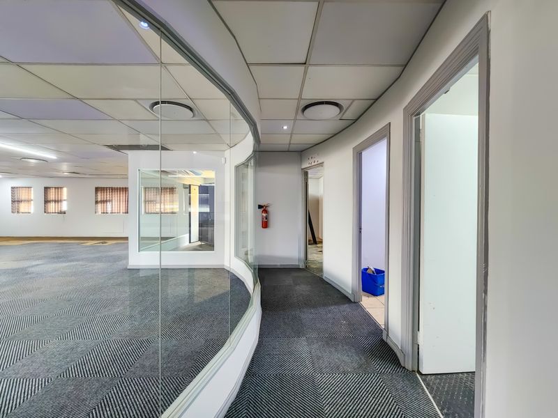 An empty office space featuring a curved glass partition, suspended ceiling, and carpeted flooring, providing a versatile layout for professional use.