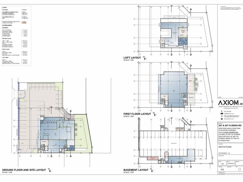Architectural floor plans detailing the ground, first, loft, and basement levels of the commercial property.