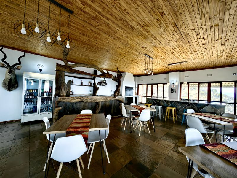 Spacious open-plan dining and bar area featuring a unique timber ceiling, built-in bar counter, fireplace, and large windows providing ample natural light.