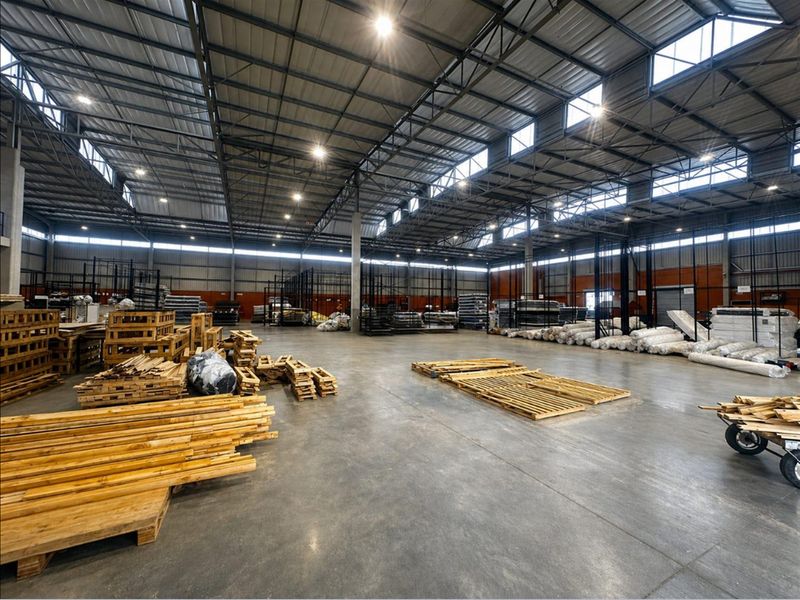 Spacious industrial warehouse featuring high ceilings with exposed steel trusses, polished concrete flooring, and ample natural light from clerestory windows.