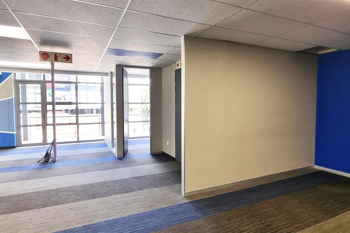 Open plan office space featuring carpeted flooring, suspended acoustic ceiling tiles, and large windows providing natural light.