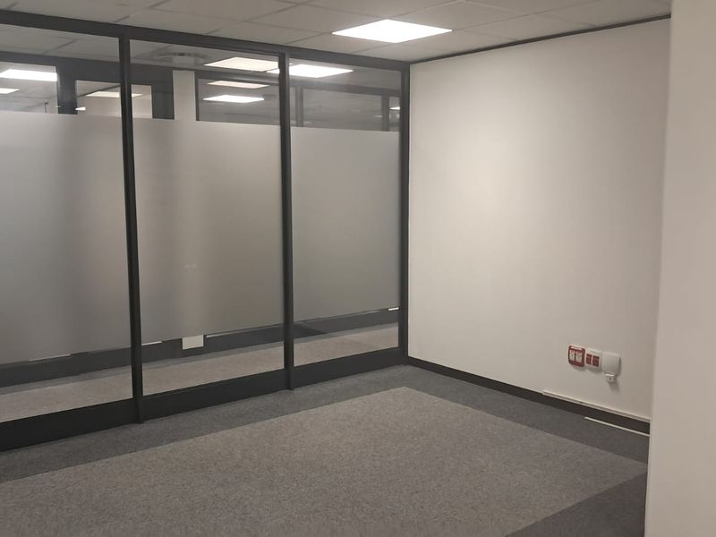 A clean, empty office space featuring modern glass partitioning, neutral carpet flooring, and a professional suspended ceiling with recessed lighting.