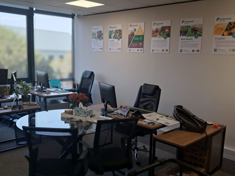 A functional office space featuring large windows for natural light, recessed ceiling lighting, and carpeted flooring, suitable for a professional work environment.
