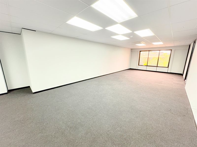 A spacious, empty office suite featuring neutral carpeted flooring, a clean suspended ceiling with recessed lighting, and large windows providing natural light.