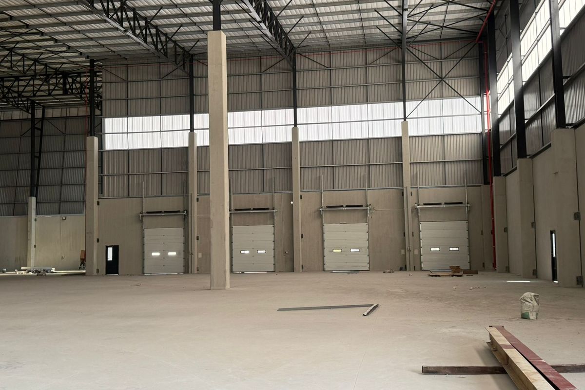 Spacious industrial warehouse interior featuring high ceilings, concrete flooring, and multiple roller shutter loading doors, suitable for logistics or manufacturing operations.