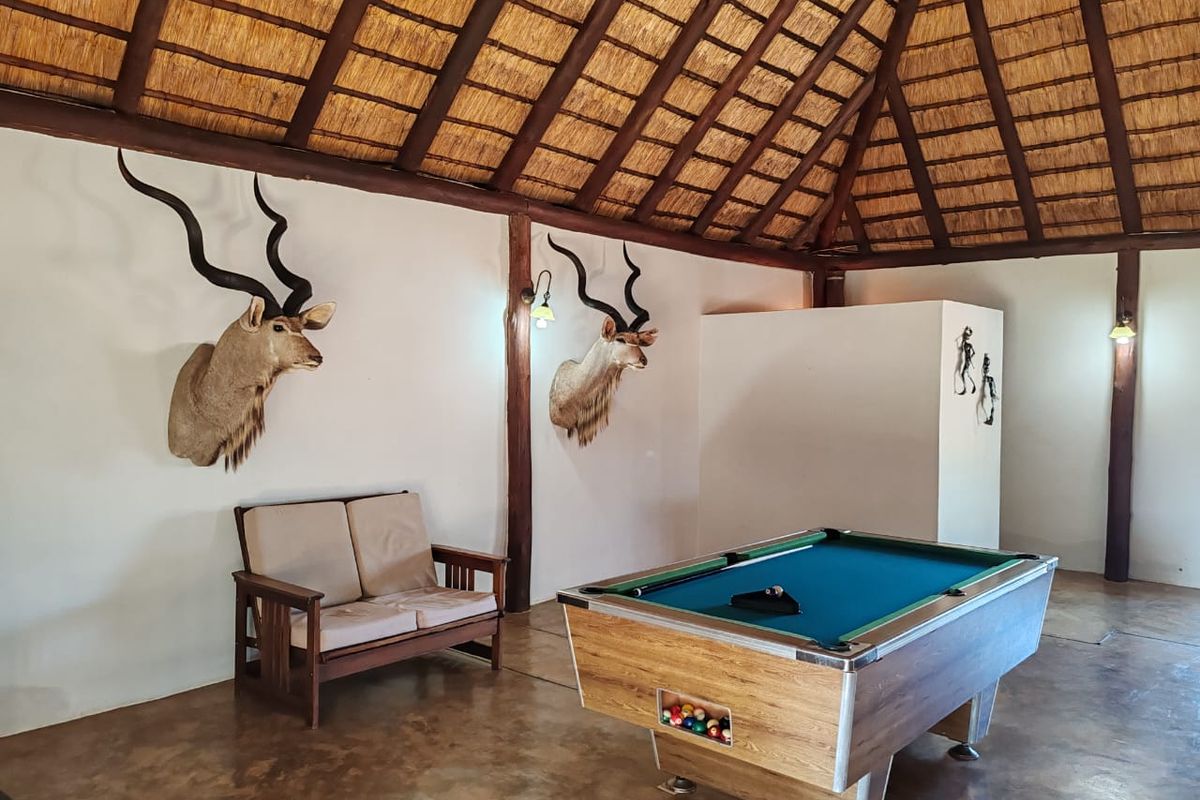 Spacious entertainment area featuring a traditional thatched roof, exposed timber beams, and polished concrete flooring, creating a rustic and inviting atmosphere.