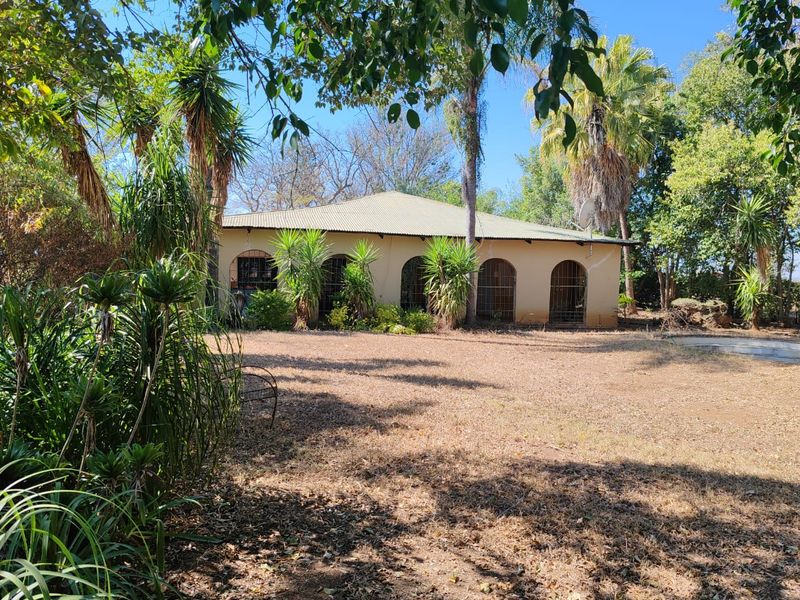 Rear view of a farm-style dwelling featuring an arched veranda, metal roofing, and established garden surroundings.