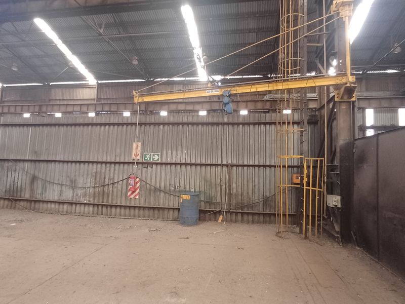 Industrial warehouse utility space featuring a jib crane, fixed access ladder, and corrugated metal wall cladding within a high-volume steel-framed structure.