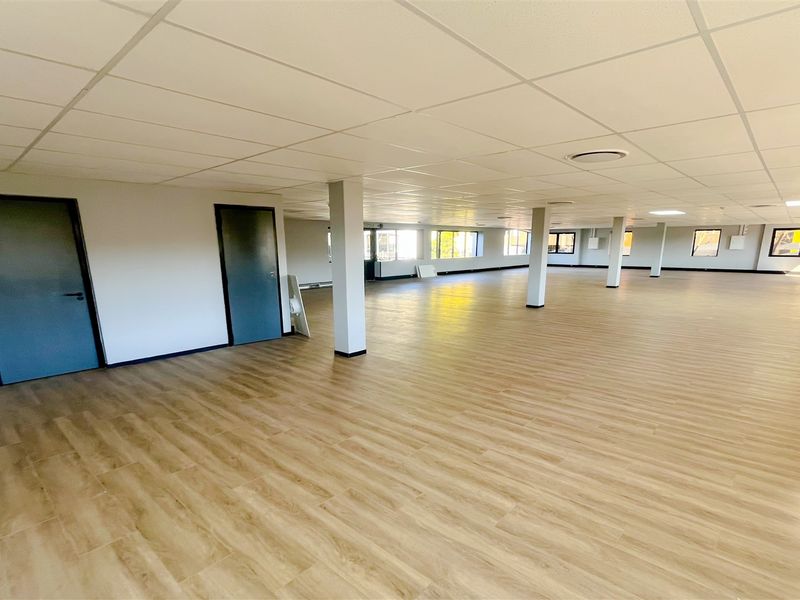 A spacious, open-plan office area featuring modern wood-look flooring, a suspended ceiling, and ample natural light from large windows.