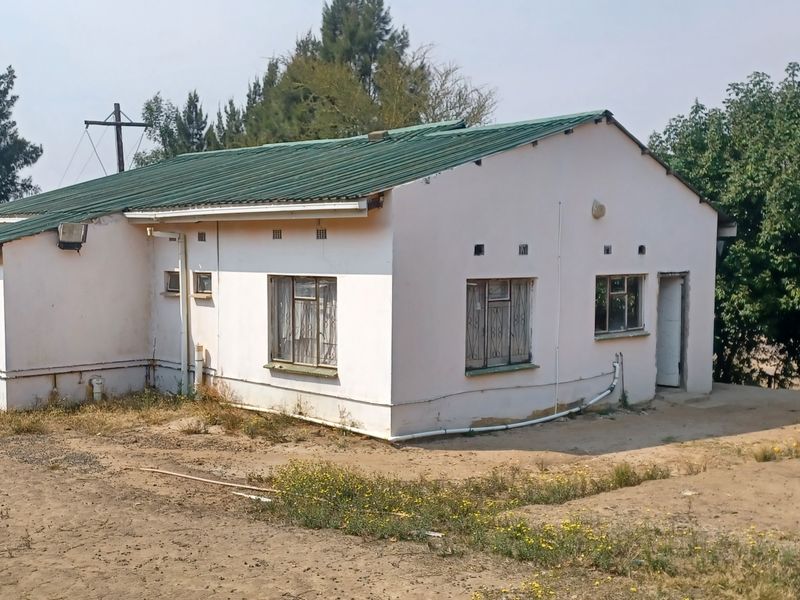 Rear view of a farm dwelling featuring a corrugated metal roof and steel window frames, set within a rural landscape.