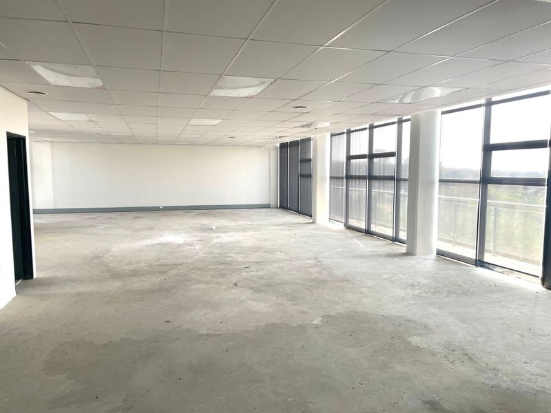 A spacious, vacant open-plan office area featuring large floor-to-ceiling windows, a suspended ceiling, and unfinished concrete flooring, ready for custom fit-out.