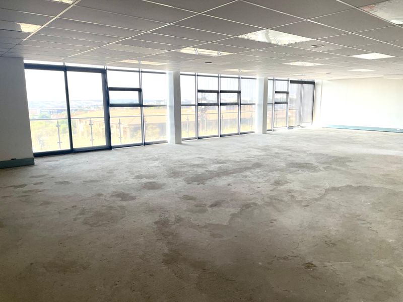 A spacious, vacant open-plan office area featuring large floor-to-ceiling windows with natural light and a suspended ceiling grid.