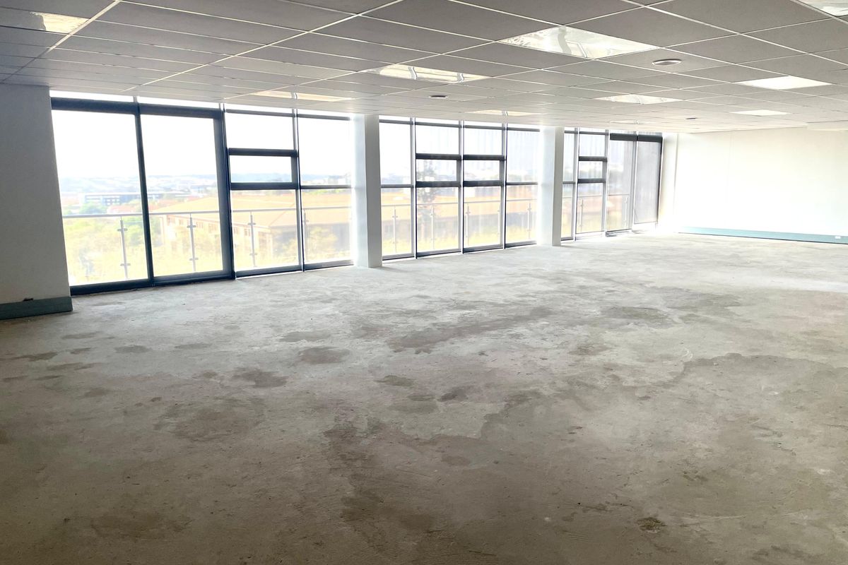 A spacious, vacant open-plan office area featuring large floor-to-ceiling windows with natural light and a suspended ceiling grid.