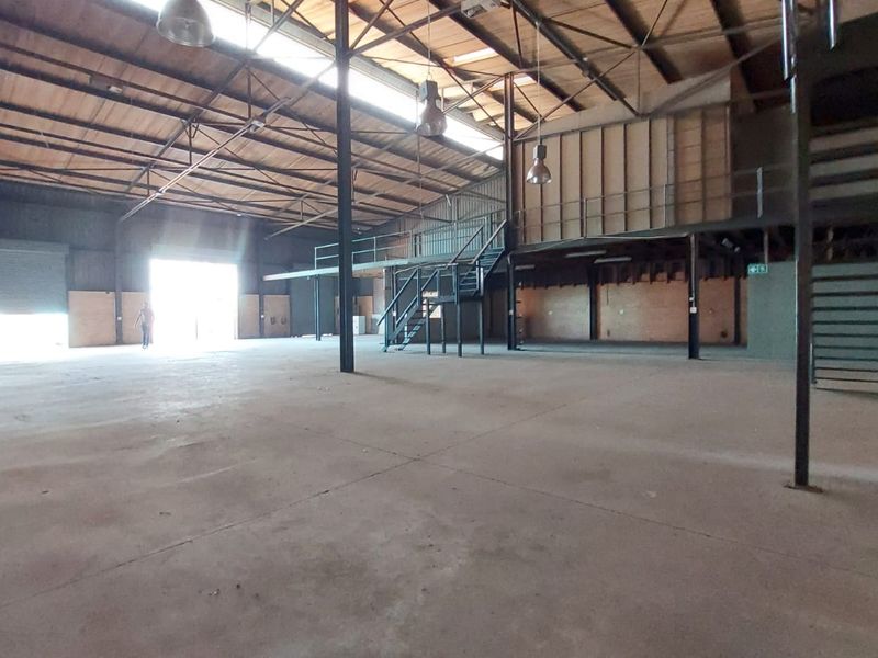 Spacious industrial open-plan warehouse featuring high ceilings with exposed steel trusses, a mezzanine level, concrete flooring, and a large roller shutter door.