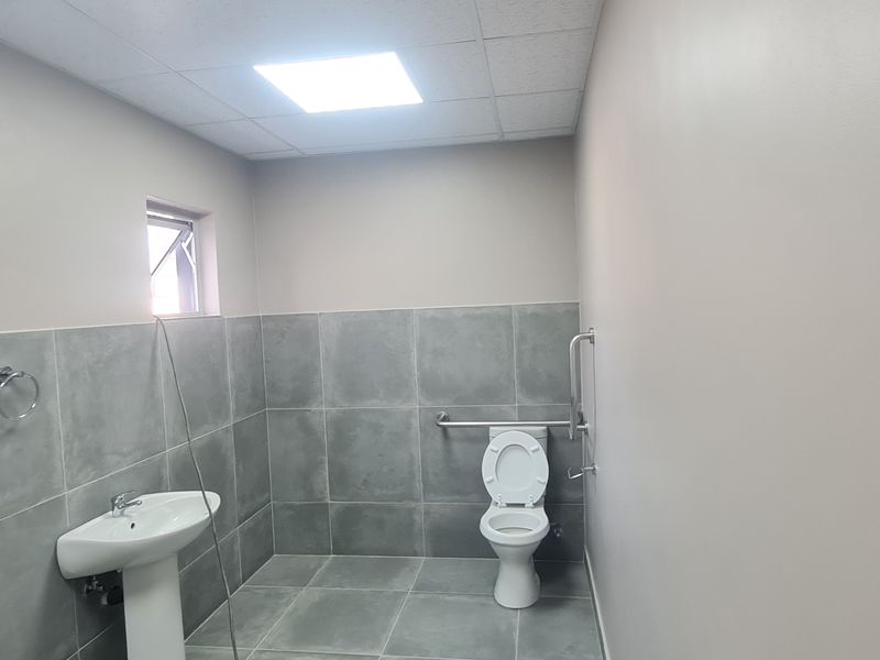 A clean, accessible bathroom featuring grey tiled walls and flooring, a pedestal washbasin, and installed grab rails for accessibility.