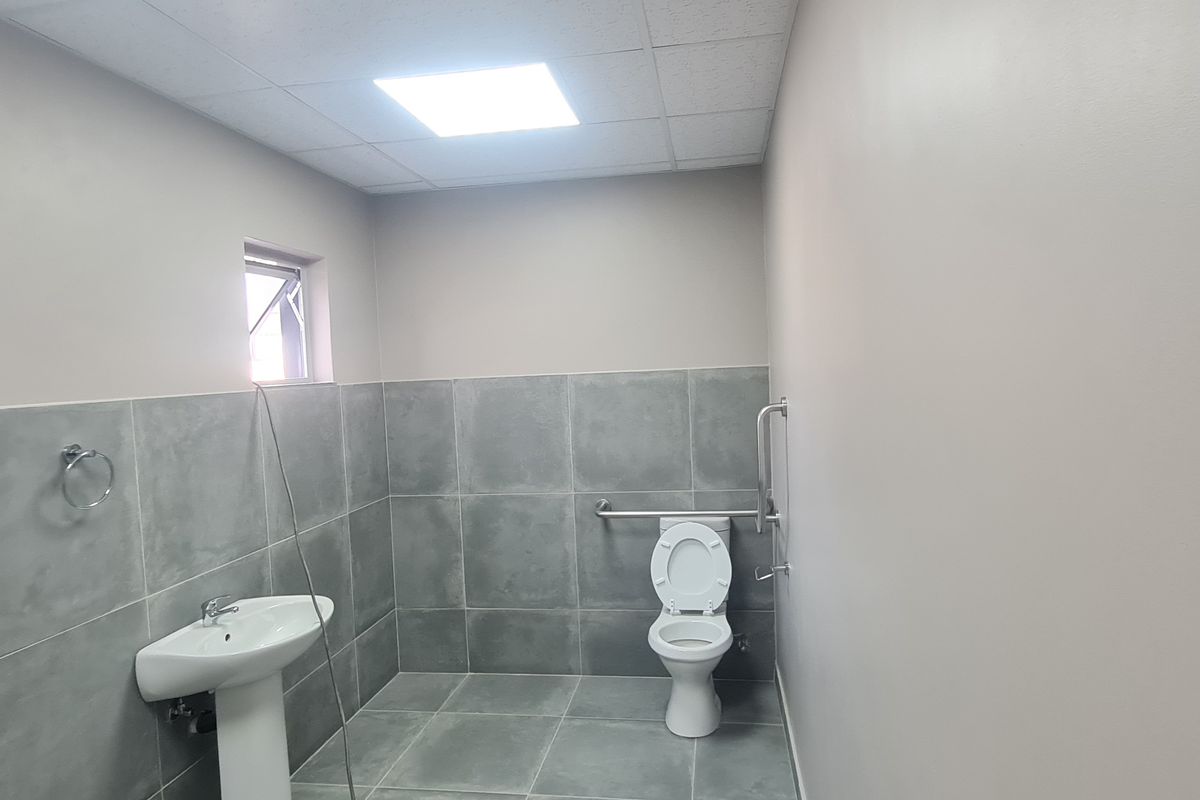 A clean, accessible bathroom featuring grey tiled walls and flooring, a pedestal washbasin, and installed grab rails for accessibility.