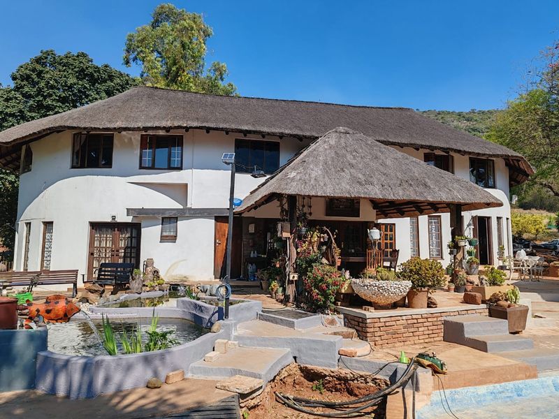 Rear view of a farmhouse featuring a thatched roof, covered patio area, and a garden pond, set against a natural landscape.