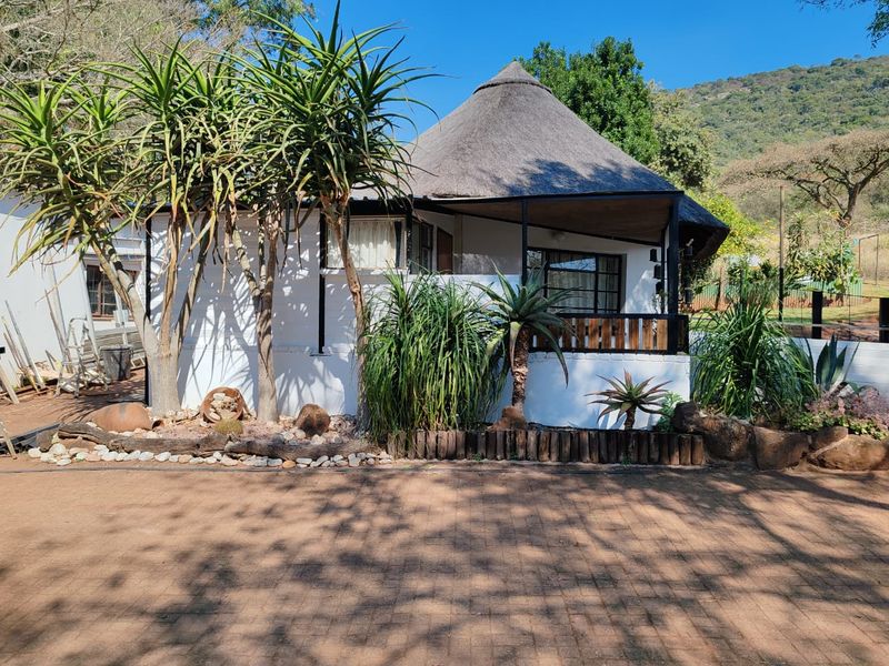 Front view of a charming farm-style cottage featuring a traditional thatched roof, a covered patio with timber balustrades, and a paved driveway.