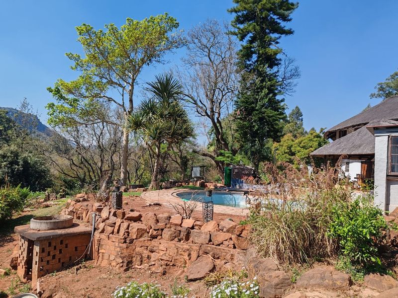 Outdoor pool area featuring a stone retaining wall, brick paving, and views of the surrounding landscape, adjacent to a thatched roof structure.
