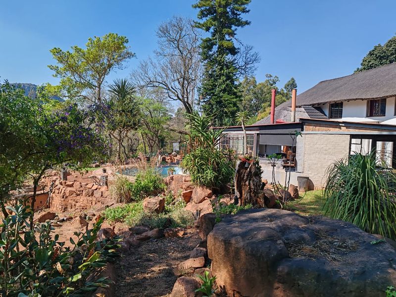 A scenic rear view of the farm property featuring a thatched roof dwelling, a swimming pool, and natural stone landscaping.