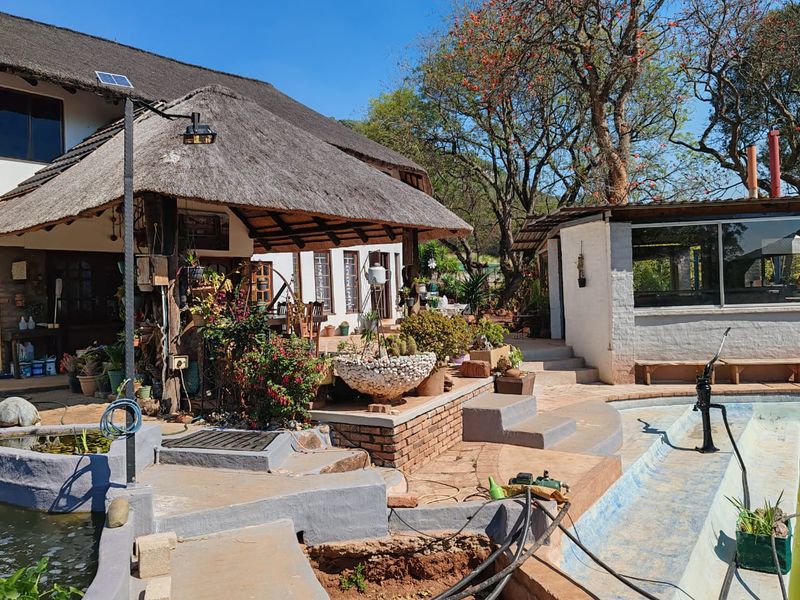 Outdoor pool area featuring a thatched roof structure, brick retaining walls, and a water feature, set within a rustic farm-style garden environment.