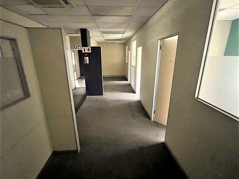 A vacant office hallway featuring suspended ceilings, recessed lighting, and multiple access points to individual office spaces.
