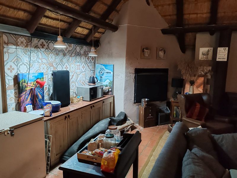 Open plan living area featuring a rustic thatched roof with exposed timber beams, terracotta flooring, and a built-in fireplace.
