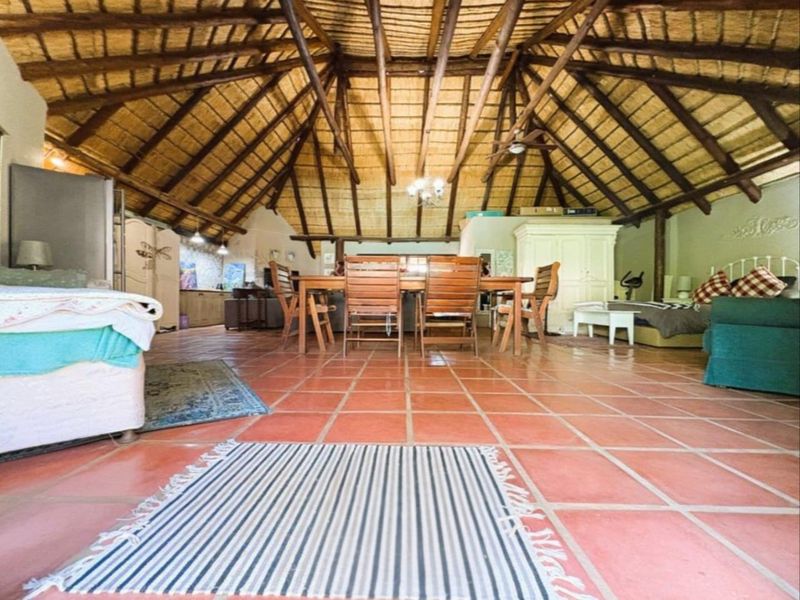 Spacious open-plan living area featuring a traditional thatched roof with exposed timber rafters and durable terracotta floor tiles.