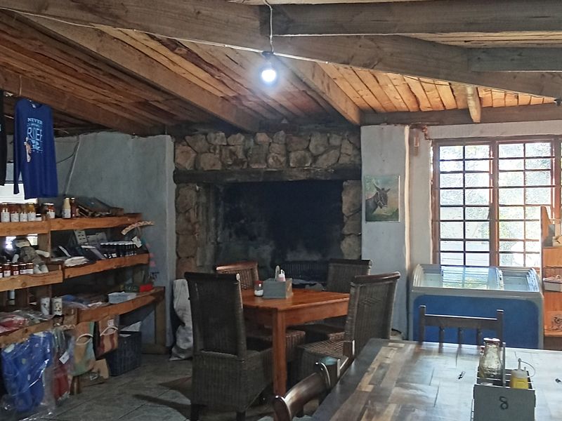 Rustic open-plan restaurant area featuring a prominent stone fireplace, exposed timber beam ceiling, and large multi-pane windows providing natural light.