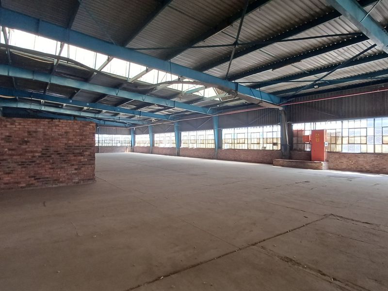 Expansive industrial warehouse space featuring high ceilings with exposed steel trusses, concrete flooring, and large steel-framed windows providing natural light.